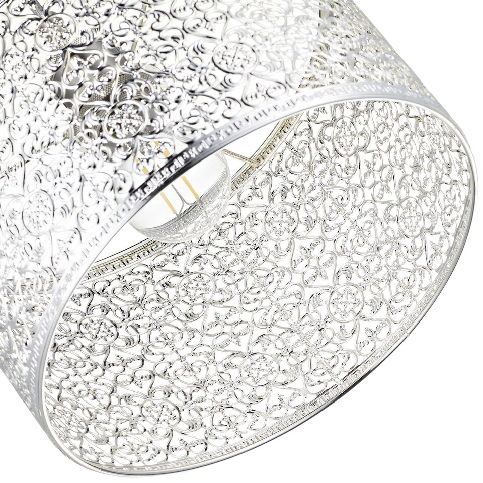 image 1 of Ornate Moroccan Style Decorated Shiny Silver Metal Pendant Shade 25cm x 15cm | Silver | Silver | 1