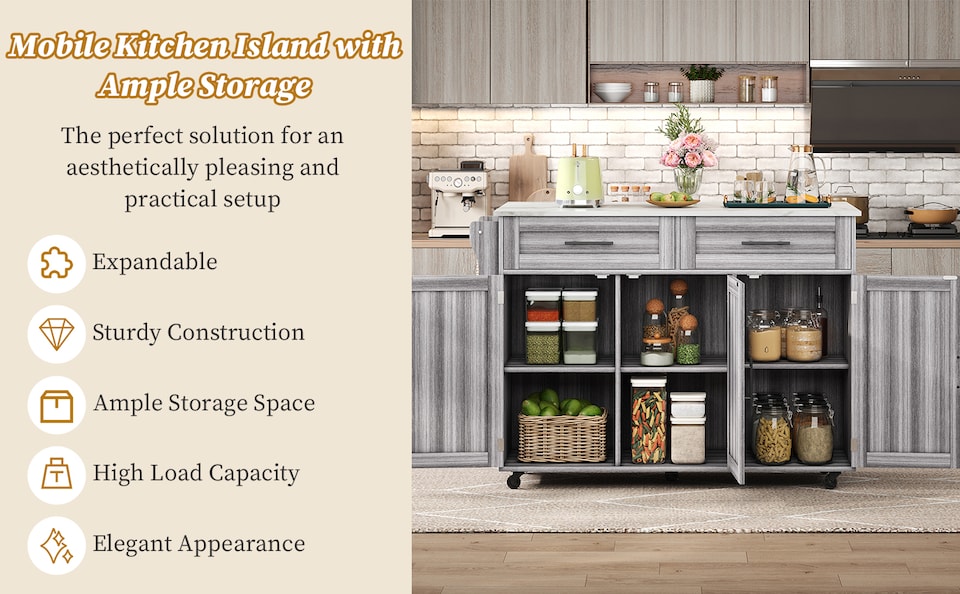 image 1 of VILUXE Mobile Kitchen Island with Foldable Worktop, 2 Drawers, Adjustable Shelves, Towel Rail, Wheels and Solid Wood Feet, Grey and White