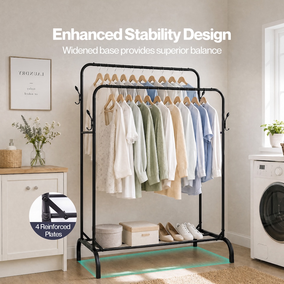 image 1 of Levede Clothes Rail Heavy Duty 2 Rods Carbon Steel Rack with Shelf Bedroom Black