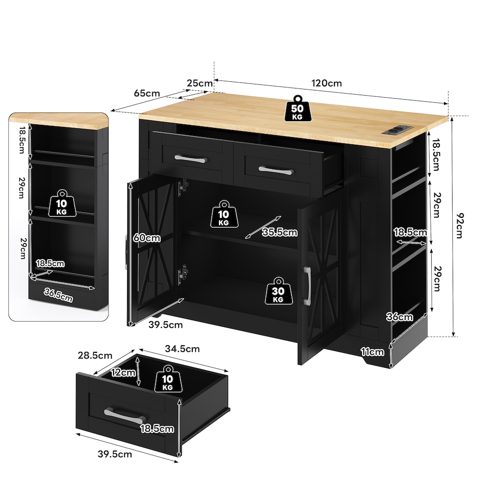 image 1 of VILUXE Mobile Kitchen Island with Foldable Worktop, 2 AC Sockets, 2 USB Ports, Glass Doors, Adjustable Shelves and Lockable Wheels, Black and Natural
