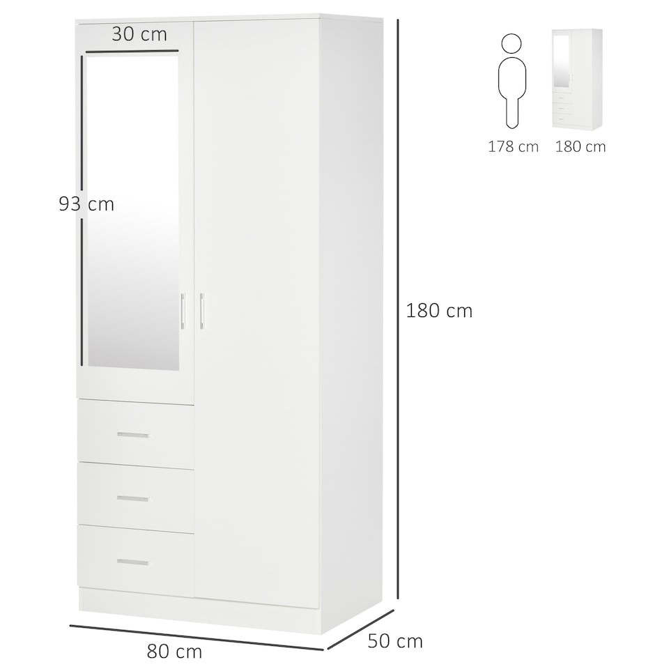 image 1 of HOMCOM 2 Door 3 Drawer Mirrored Wardrobe with Hanging Rail, Modern Clothes Storage Cupboard with Mirror, Drawers and Adjustable Shelves for Bedroom, 80 x 50 x 180 cm, White