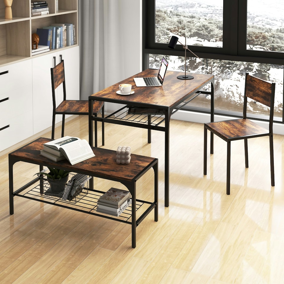 image 1 of COSTWAY 4-piece Dining Set Table with Chairs & Bench Brown Brown