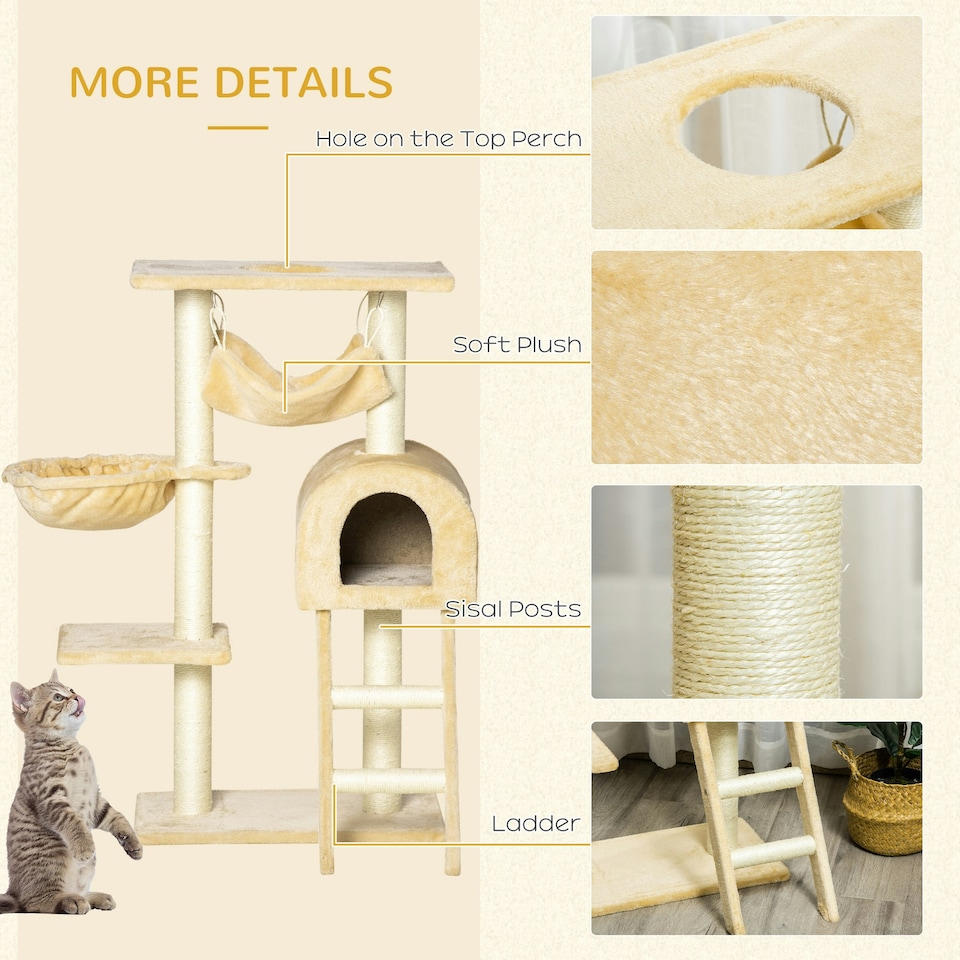image 1 of PawHut Cat Tree Scratching Post Kitten Activity Centre with Hammock, Beige