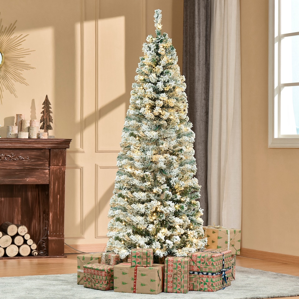 image 1 of HOMCOM 6FT Prelit Snow Flocked Christmas Tree w/ Light, Xmas Decoration Green