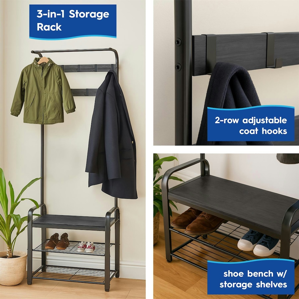 image 1 of Harbour Housewares Curved Steel Coat Rack with Shoe Storage Bench - Coat Rack Coat Stand Hat Stand Hooks Shoe Storage Clothing Rail Unit S