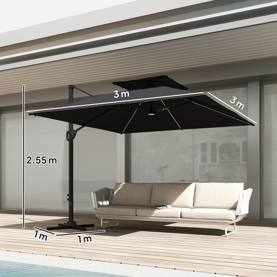 image 1 of Outsunny 3.5x3 m Garden Cantilever Parasol with Solar LED Lights and Centre Light, UPF50 Aluminium Patio Umbrella, Hanging Sun Shade with Cross Base, Crank Handle | Black | Black