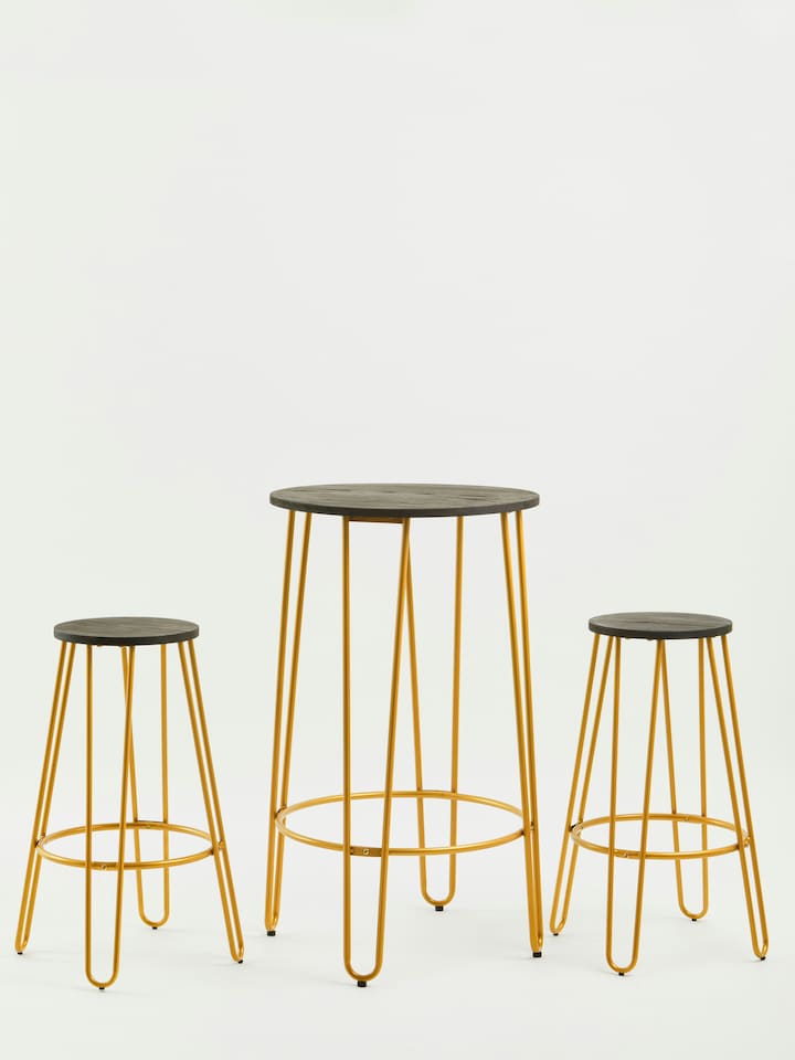 image 1 of Interiors by Premier Set of 3 Gold Frame Bar Table Stool Set , Hairpin Stool for Kitchen Counter, Elm Wood Metal Frame Stool