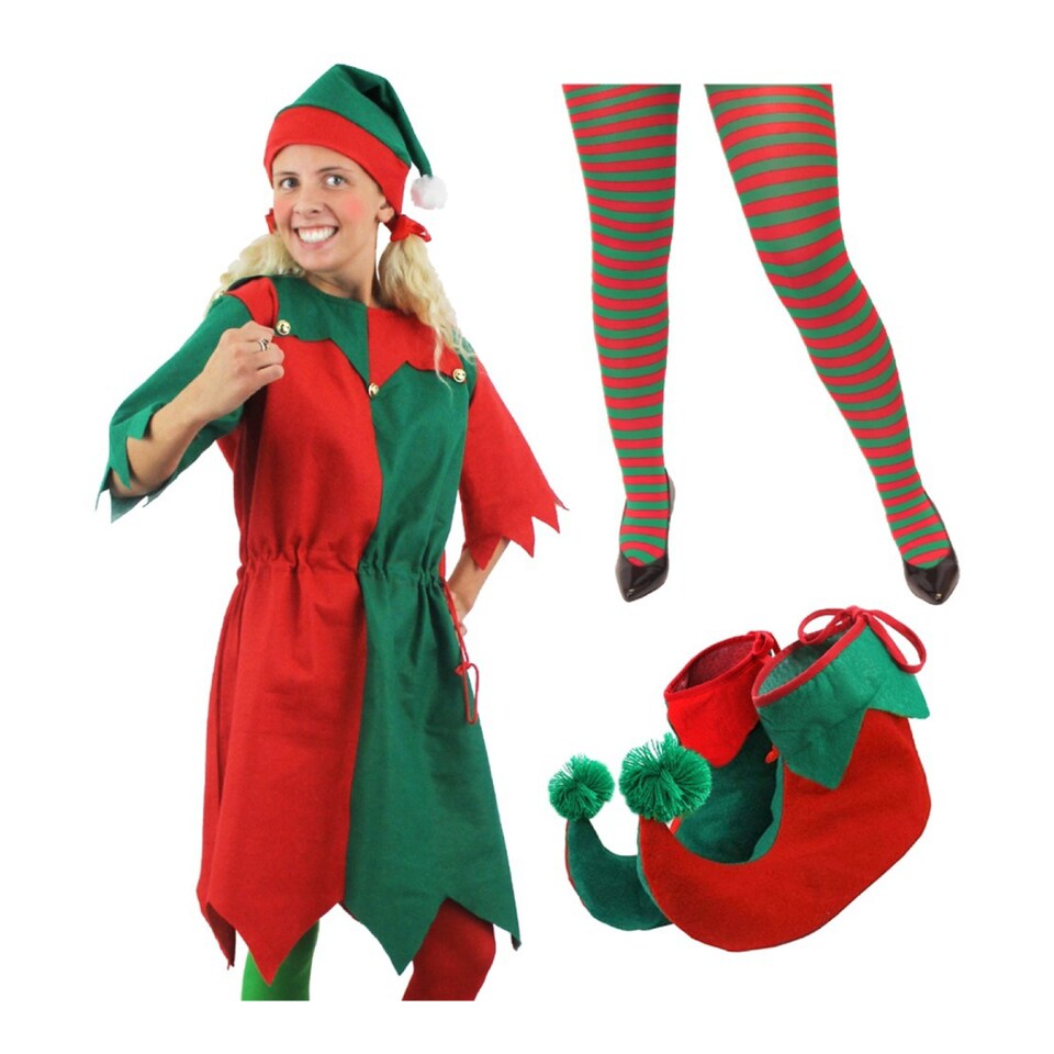 image 1 of Elf Costume with Boots & Striped Tights | Multi | M