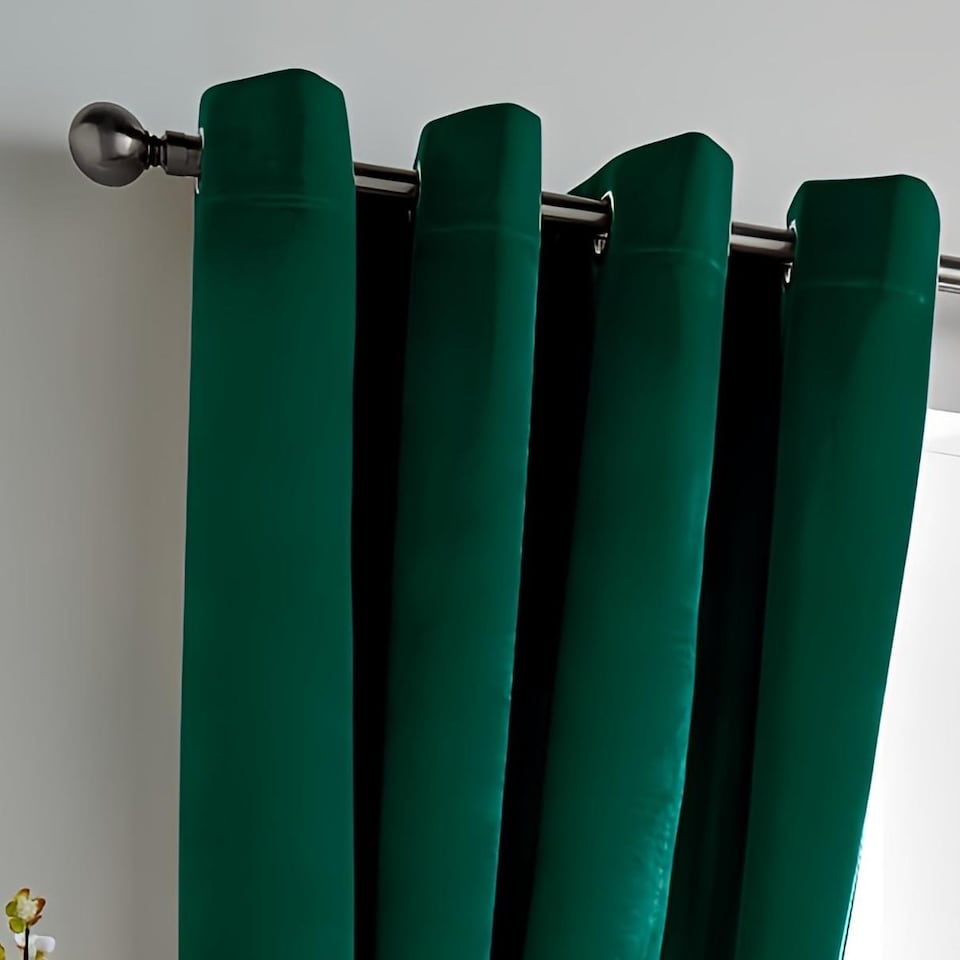 image 1 of Velvet Thermal Blackout Eyelet Curtains Ready Made Pair - 168cm x 183cm - Green