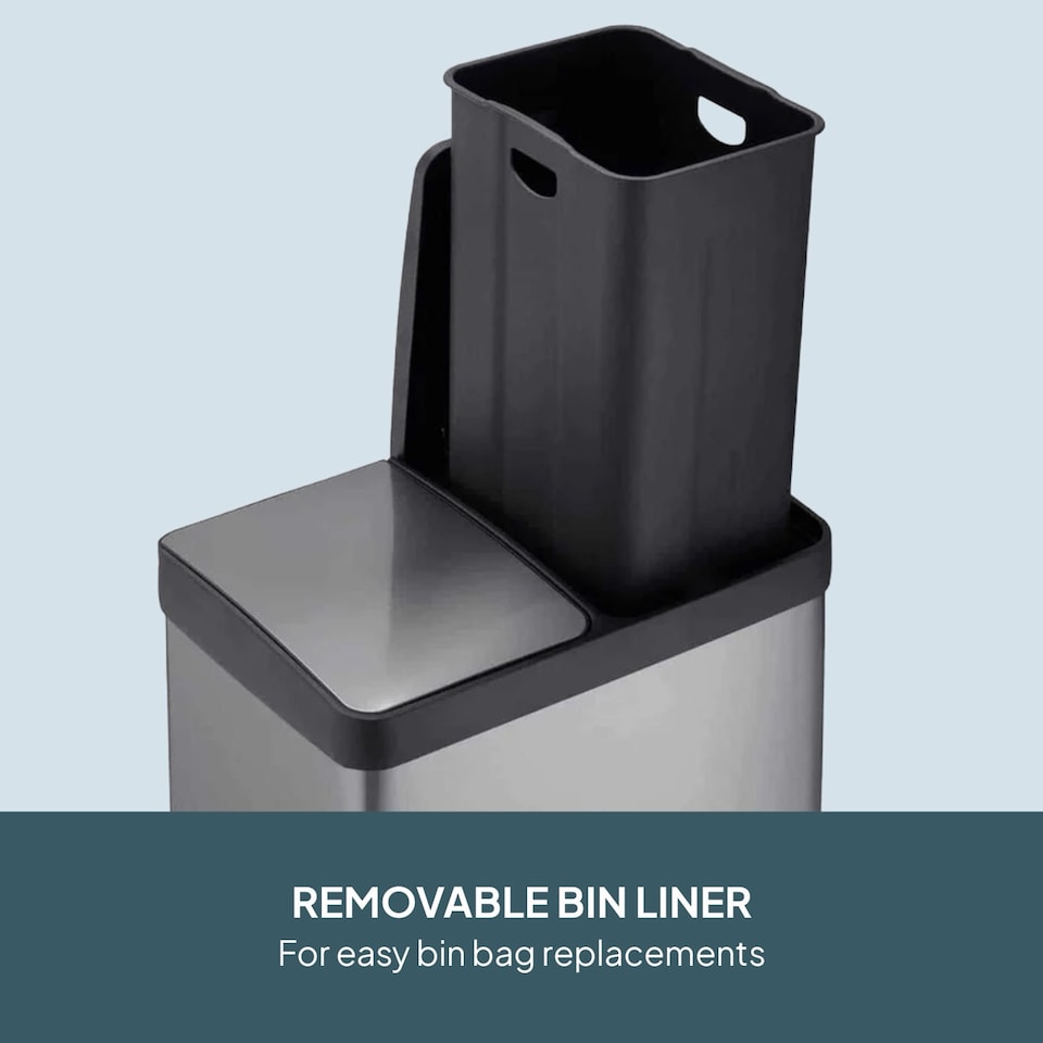 image 1 of Cooks Professional Dual Pedal Recycle Bin 60L with 2 x Compartments & Soft Close Lids | Silver
