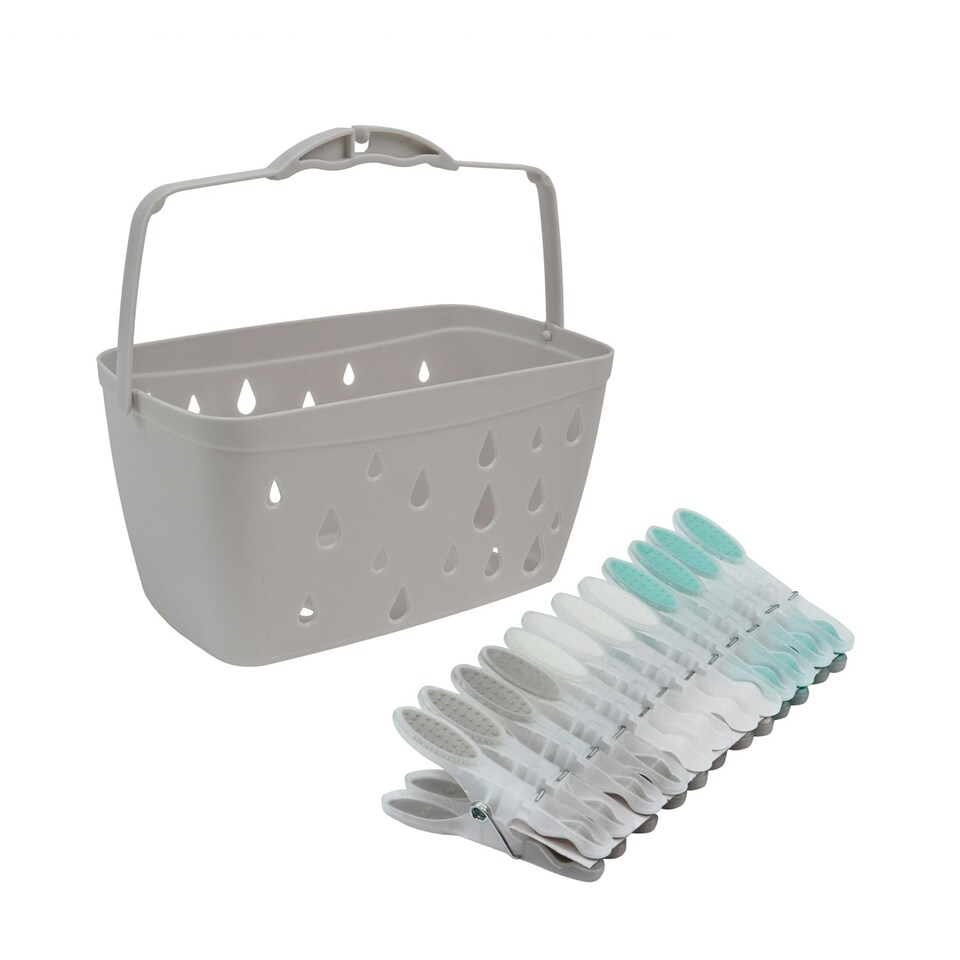 image 1 of JVL Plastic Peg Basket, Grey with 48 Soft Grip Plastic Pegs, Aqua