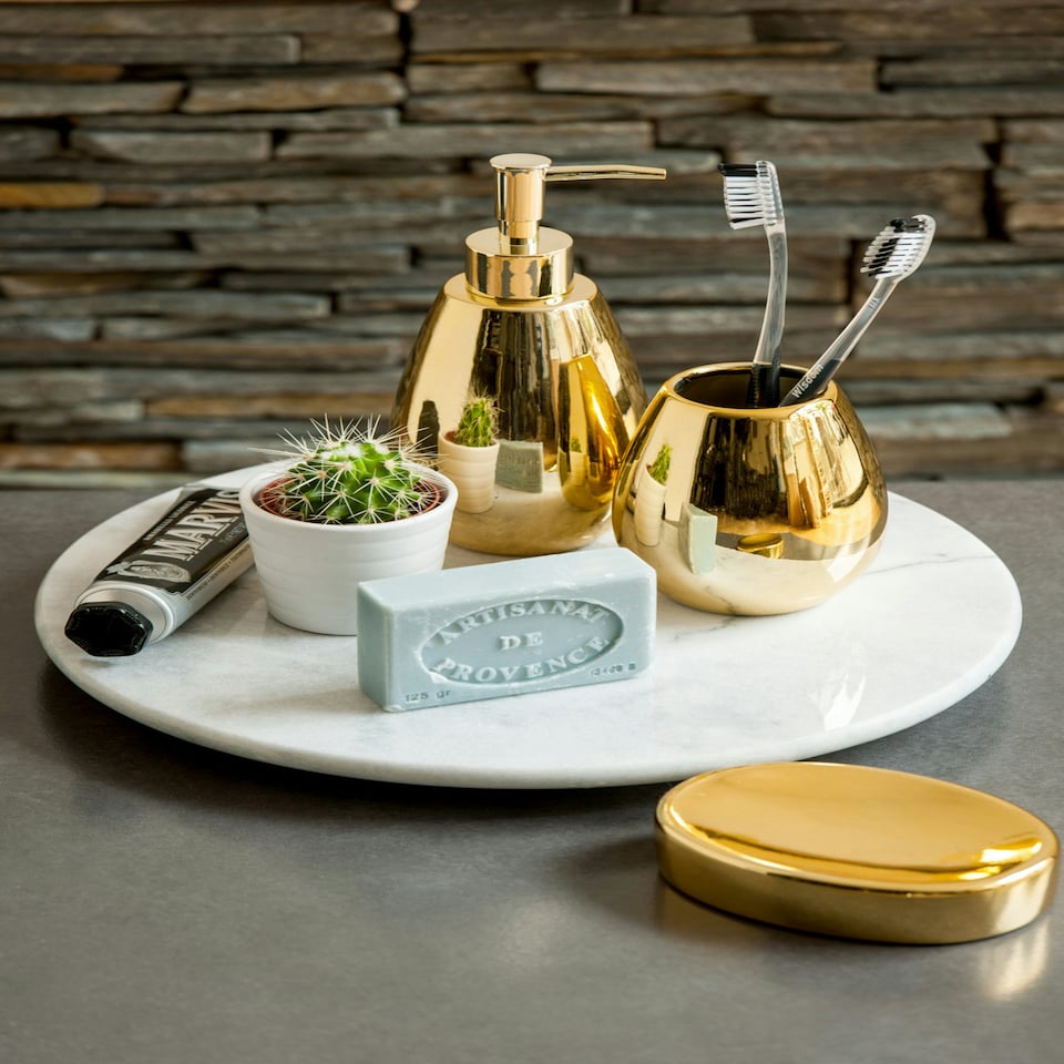 image 1 of Interiors by Premier Dolomite Gold 3 Piece Bathroom Set, Ceramic Bath Accessories Set, Lotion Dispenser, Tumbler, And Soap Dish