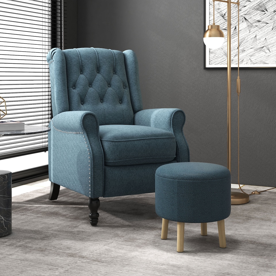 image 1 of HOMCOM Round Storage Stool, Linen Fabric Upholstered Foot Stool with Removable Top, Padded Seat, Hidden Space and Wooden Legs for Living Room, Blue