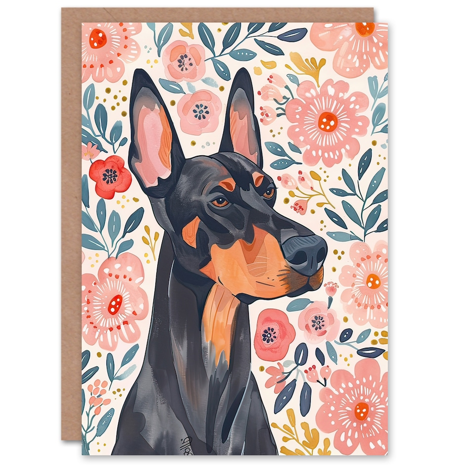 image 1 of Greeting Card Dog Lover Doberman Portrait Pink Floral Folk Art