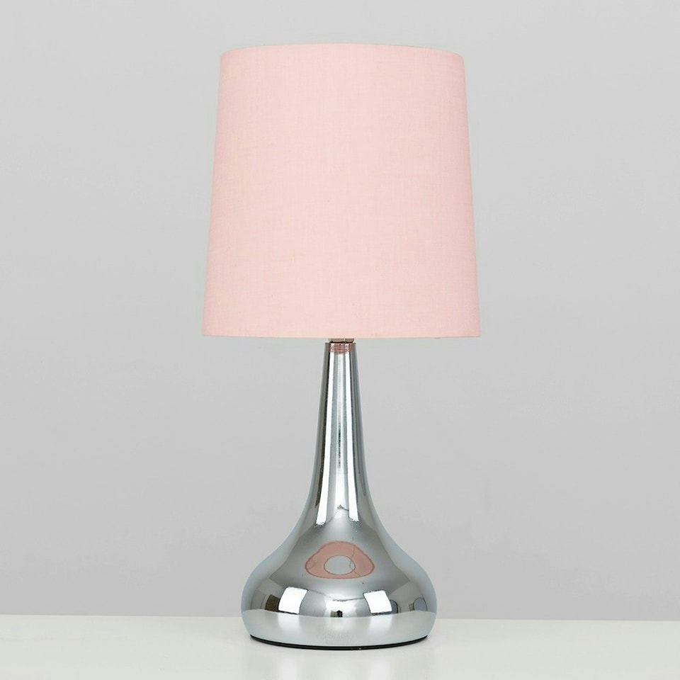 image 1 of ValueLights Teardrop Pair Chrome Touch Table Lamp Pink Shade & Bulb Pink