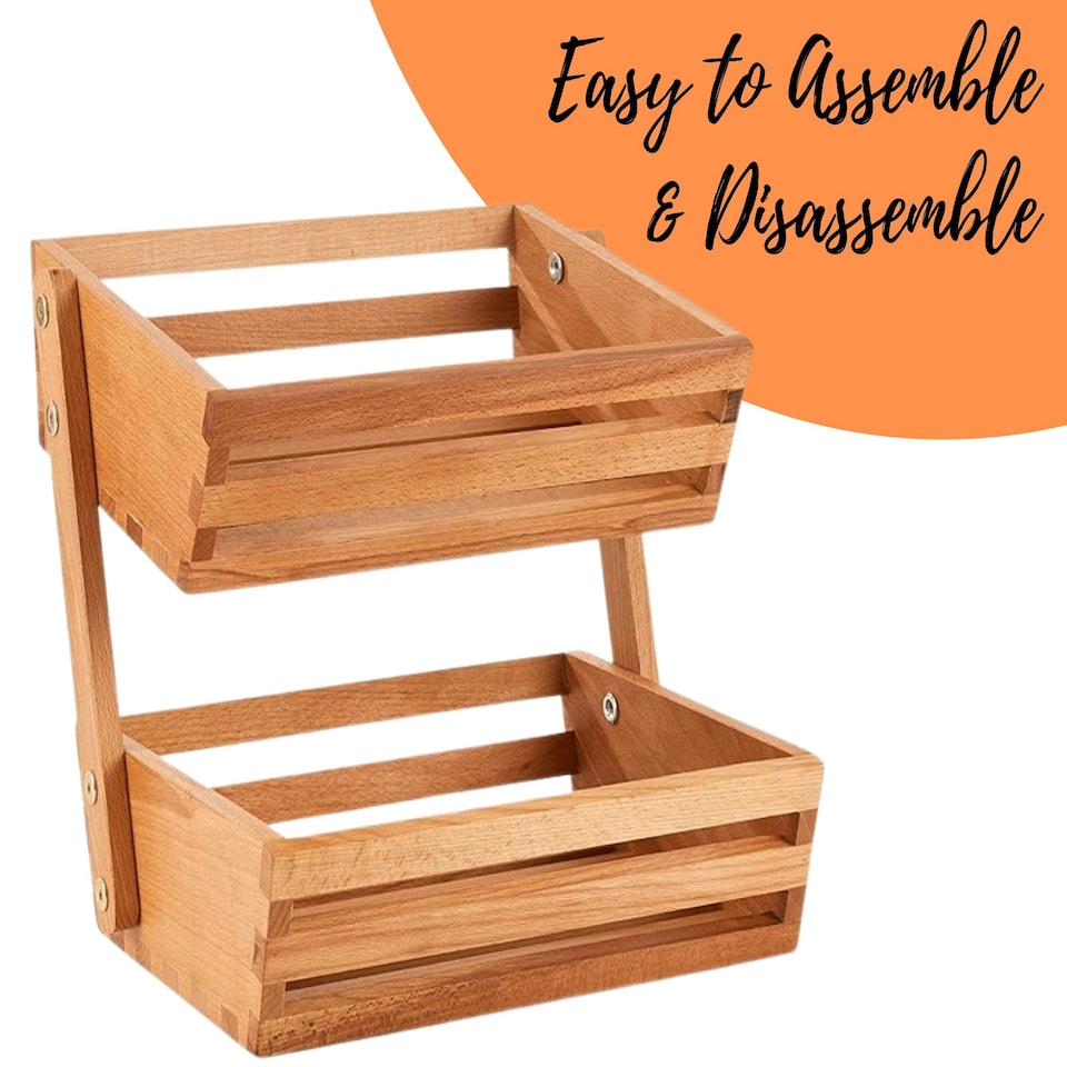 image 1 of Two-Tier Wooden Vegetable Basket & Fruit Storage Rack – Freestanding Countertop Food Storage Bowl for Kitchen Organisation