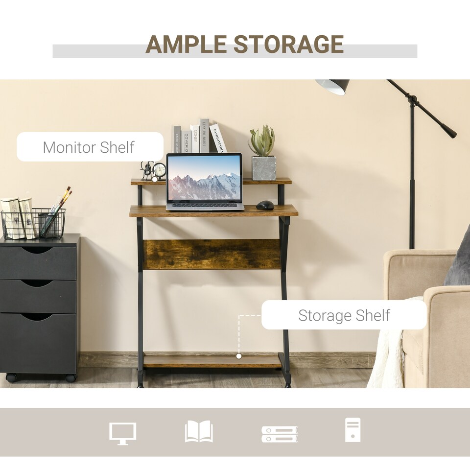 image 1 of HOMCOM Industrial Computer Desk with Monitor Stand, 70 x 60cm Compact Desk for Small Spaces, Home Office Desk, Rustic Brown