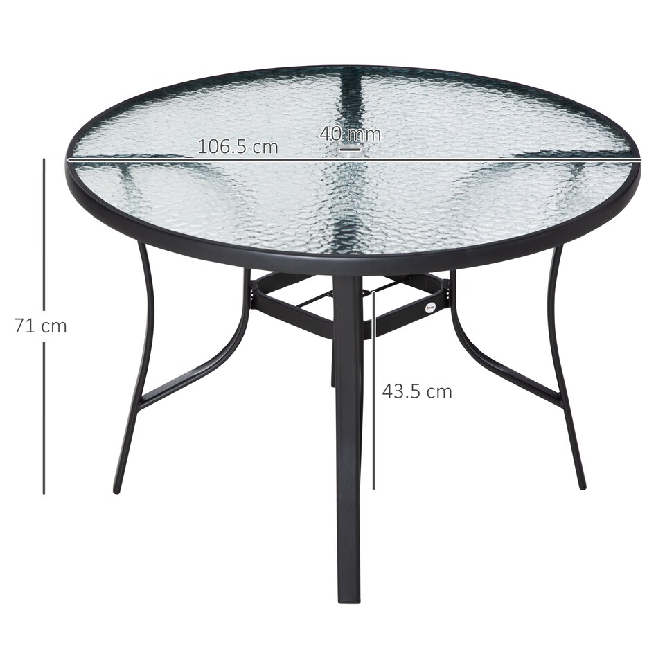 image 1 of Outsunny 106cm Round Garden Dining Table with Parasol Hole Tempered Glass Top Steel Frame