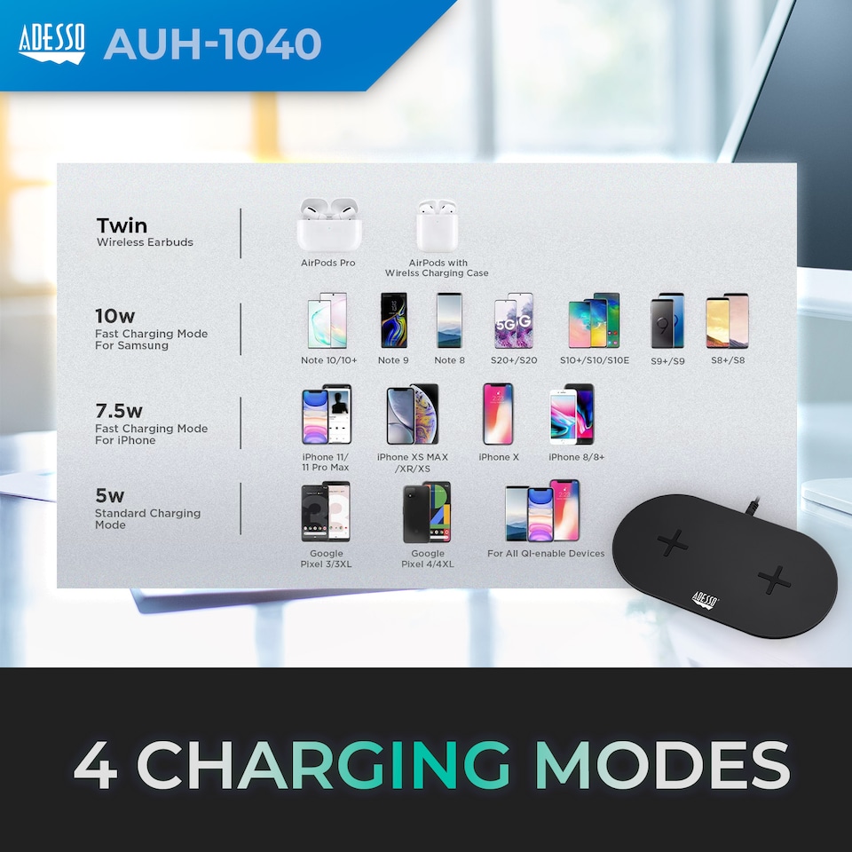 image 1 of Adesso 15W Max Qi-Certified Dual 2-Coil Wireless Fast Charging Pad
