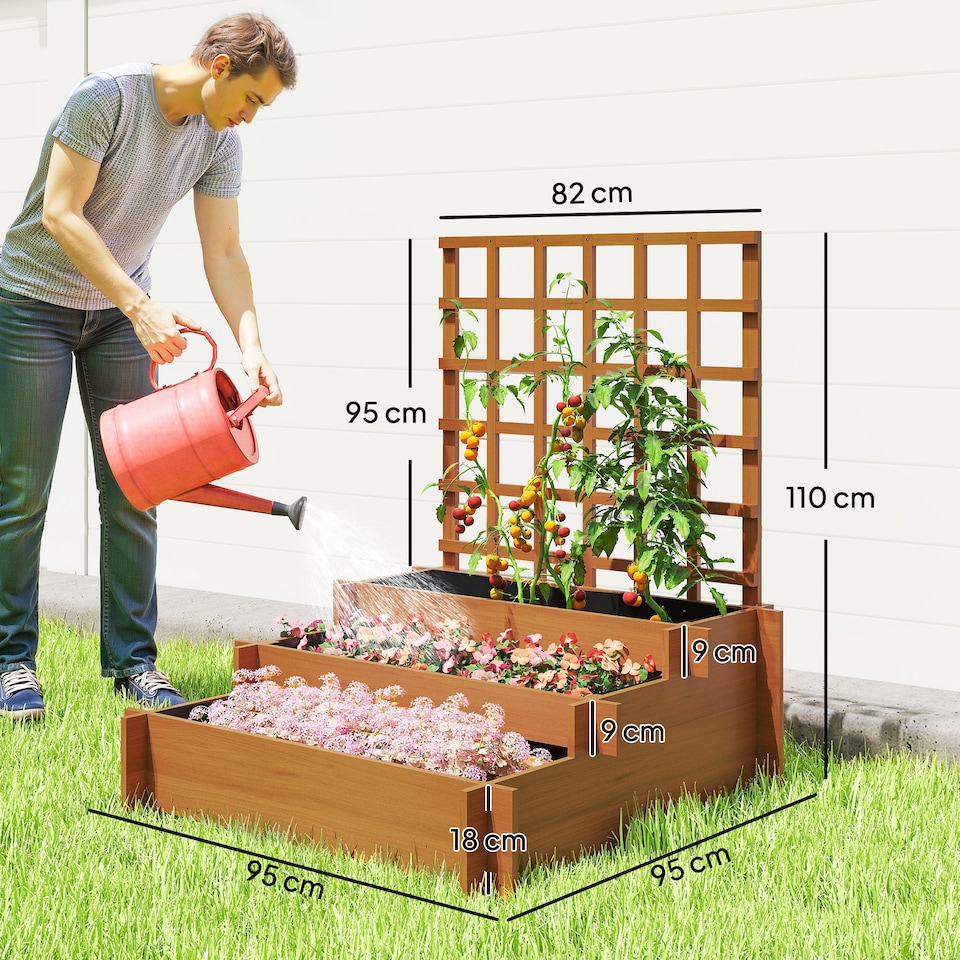 image 1 of Outsunny 3 Tier Wooden Garden Planters with Trellis for Vine Climbing Plants | Brown | Brown