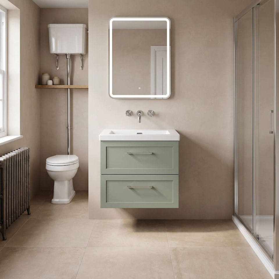 image 1 of Balterley Stonnall Traditional Wall Hung 2 Drawers Vanity Unit with 0 Tap Hole Fireclay Basin, 600mm, Reed Green