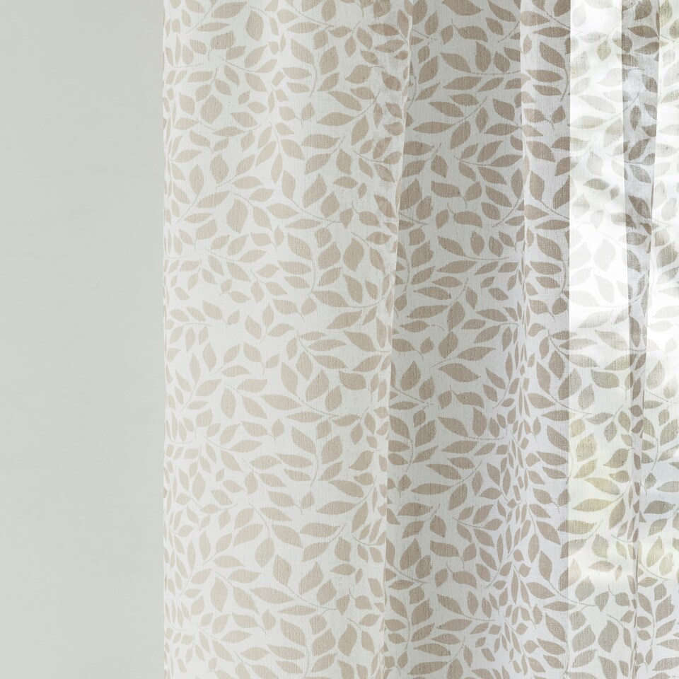 image 1 of Pair of Willow Natural Leaf Print Voile Panels 137 cm (54 inch) Rod Pocket Linen Look Panels for Bedroom and Living Room