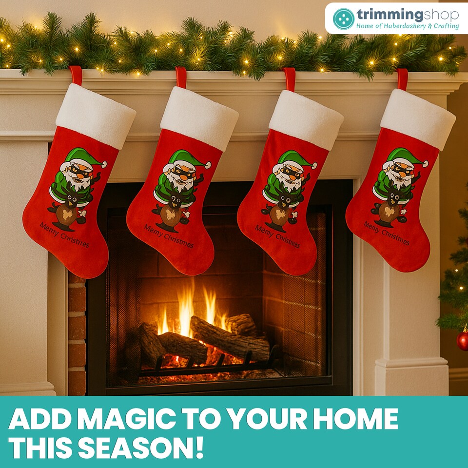 image 1 of Red Velvet Christmas Stocking Santa & Reindeer Design for Gift