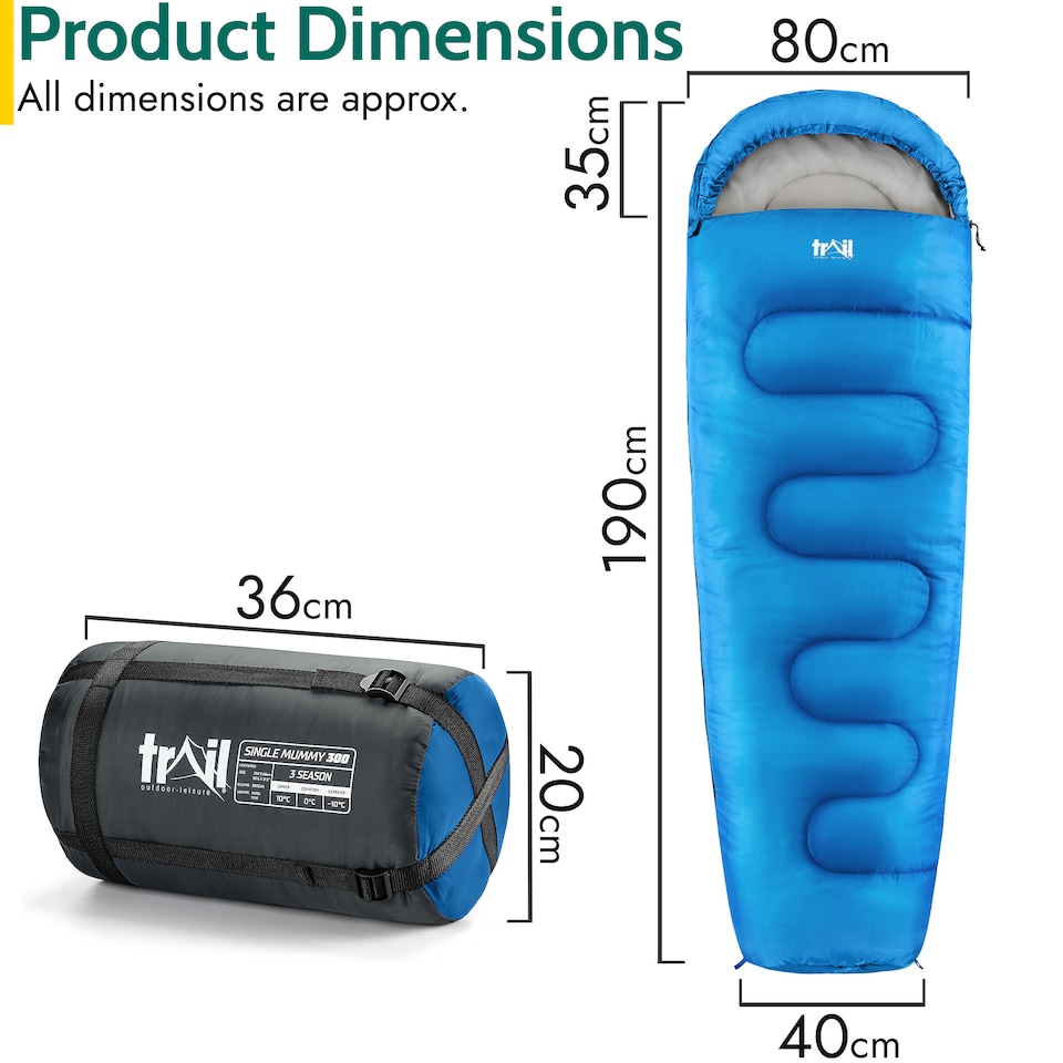 image 1 of Mummy Sleeping Bag 3 Season Waterproof Adult Single Outdoor Camping Trail | Blue | Single | 1