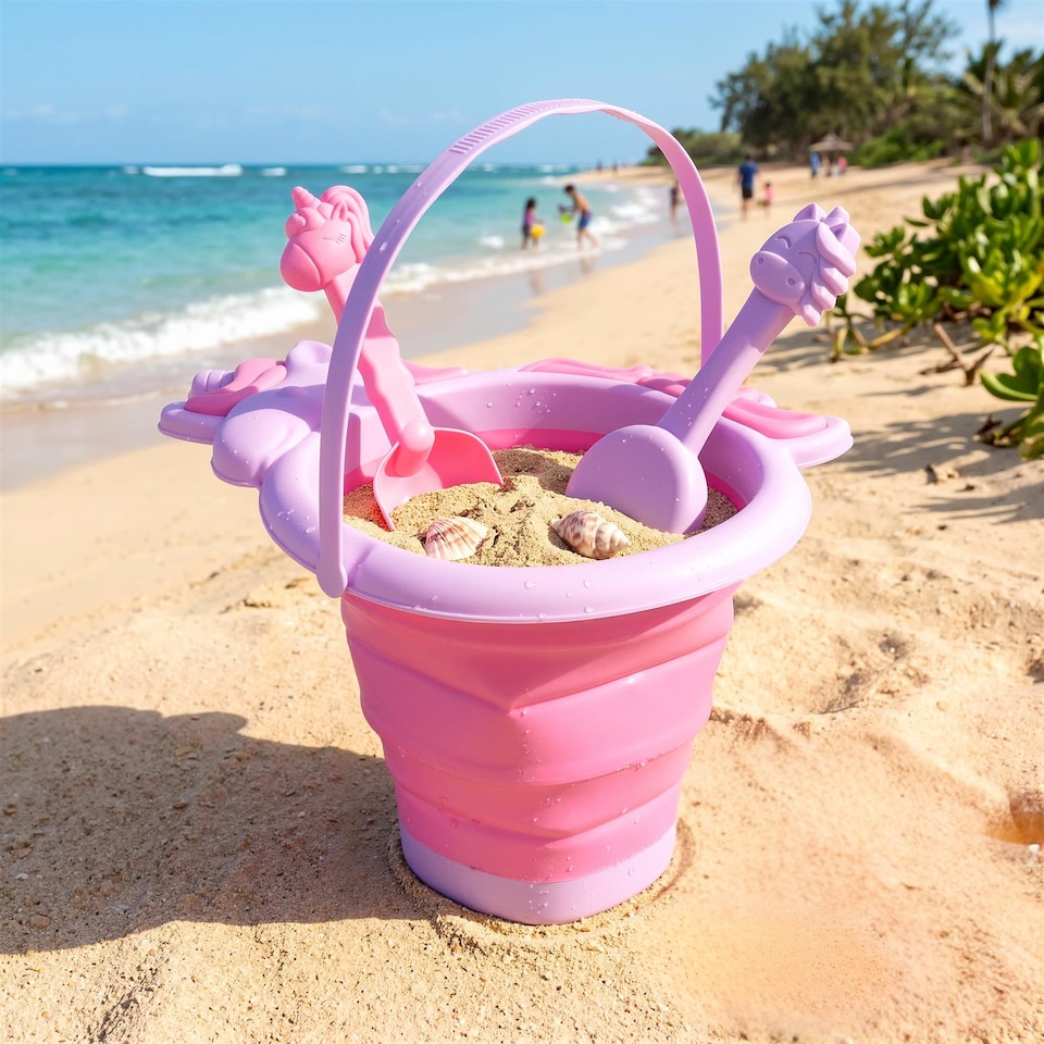 image 1 of The Magic Toy Shop Unicorn Sand Pit Kit Collapsible Beach Bucket and Spade Set