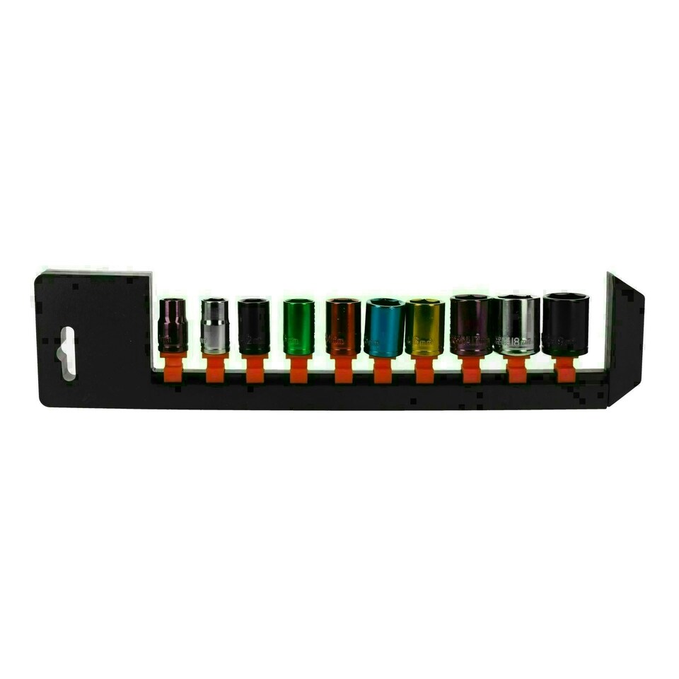 image 1 of 20pc Coloured 3/8" Dr Shallow & Deep Sockets 6 Point Hex Metric 10 - 19mm Rails