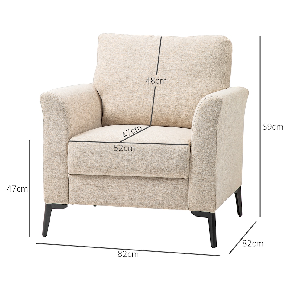 image 1 of HOMCOM Modern Armchair, Upholstered Linen Fabric Accent Chair with Metal Legs, Wood Frame and Thick Padded Cushion for Living Room Bedroom Office, Beige