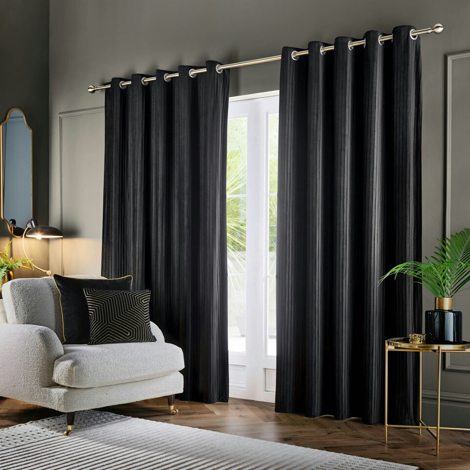 image 1 of Paoletti Corinthian Velvet Room Darkening Black Eyelet Curtains (W)168cm x 183 cm | Multi