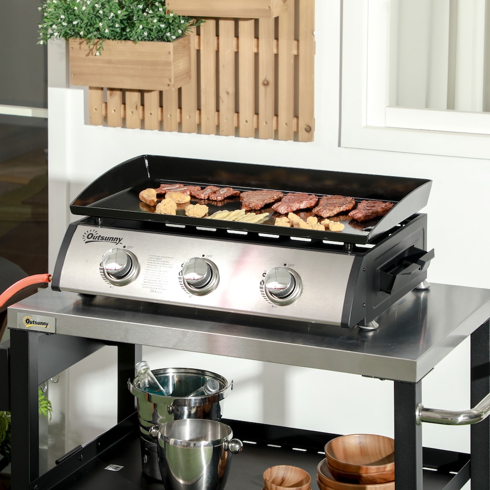 image 1 of Outsunny Gas Plancha Barbecue Grill with 3 Stainless Steel Burner, 7.5kW, Portable Tabletop Gas BBQ with NonStick Griddle and Lid for Camping Picnic Garden Party Festival