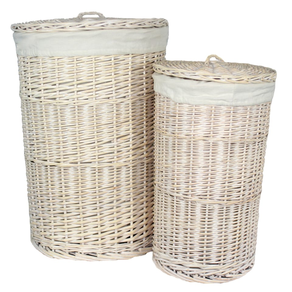 image 1 of Set of 2 Round White Wash Laundry Basket with a White Lining | White | White