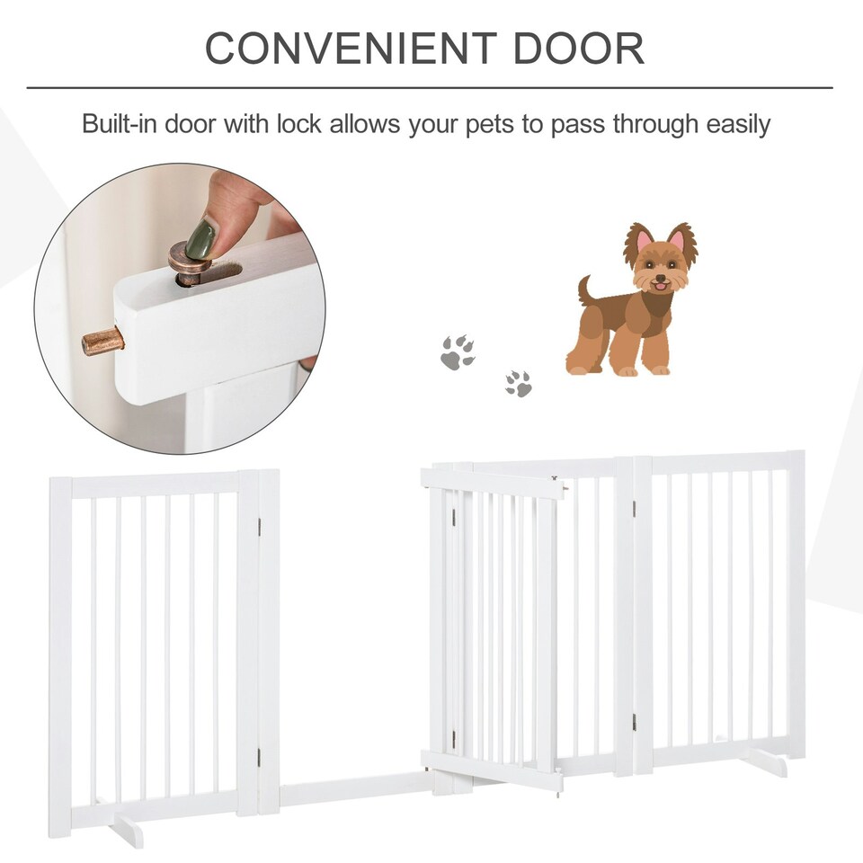 image 1 of PawHut Wooden Freestanding Pet Gate 4 Panels Foldable Dog Safety Fence White