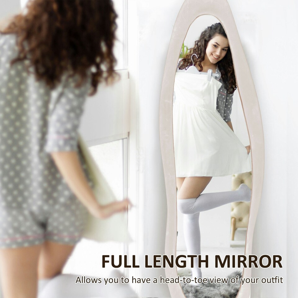 image 1 of HOMCOM Irregular Full Length Mirror with Velvet Frame 160 x 50cm Light Pink