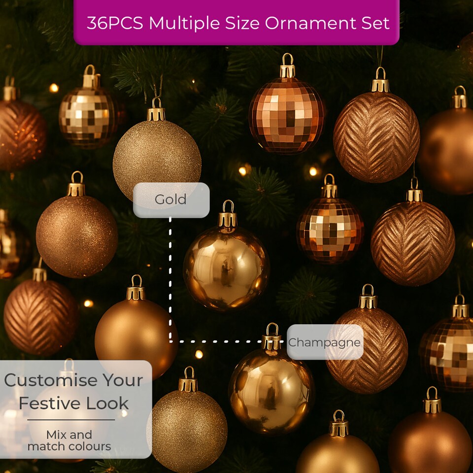 image 1 of Christmas Tree Ornaments Baubles Set | Pink | Champange