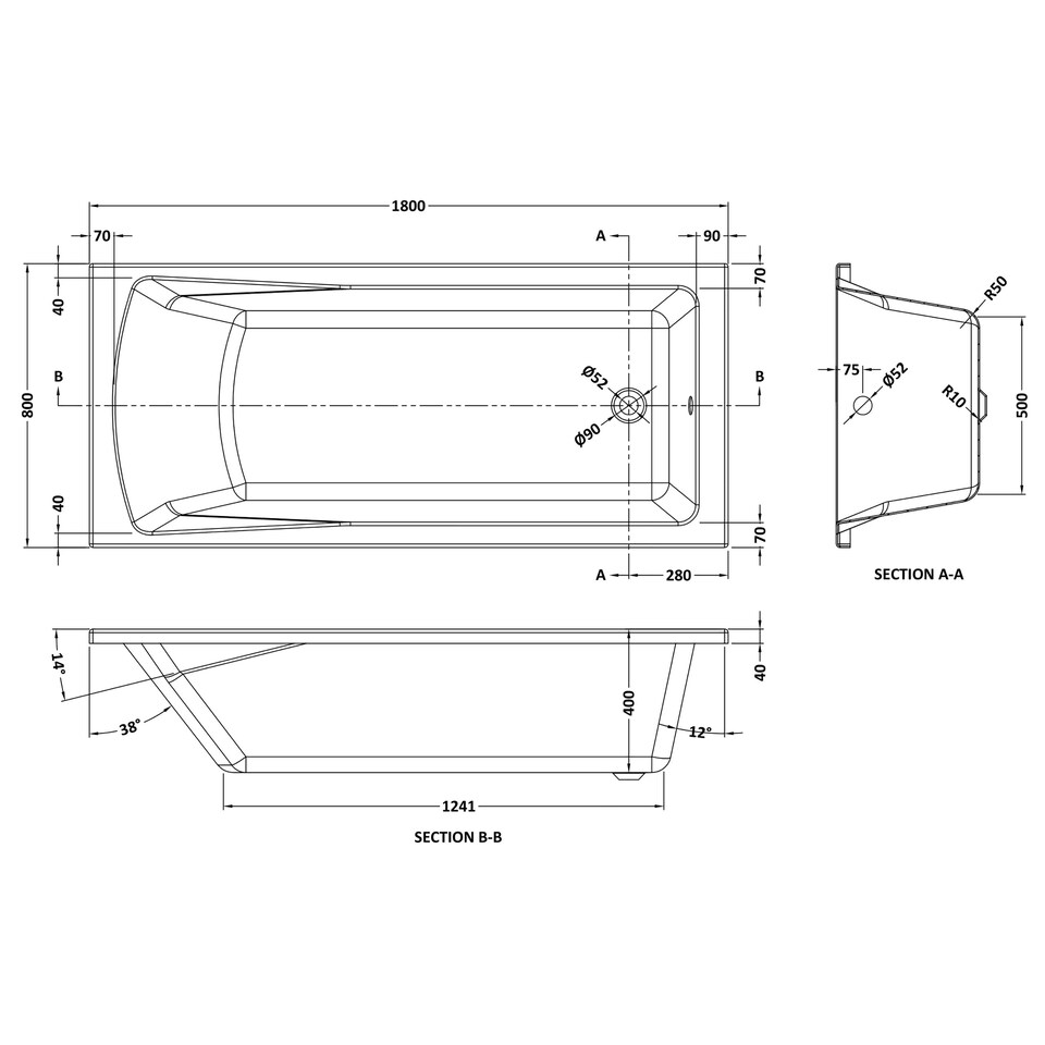image 1 of Square Single Ended Straight Whirlpool Bath with 8 Chrome Jets and Leg Set, 1800 x 800mm White