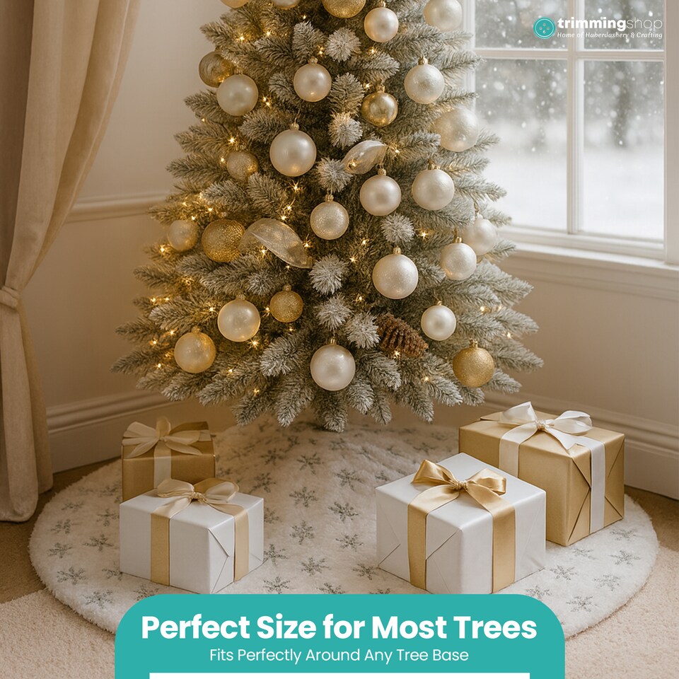 image 1 of 100cm White Velvet Christmas Tree Skirt with Silver Snowflake Pattern
