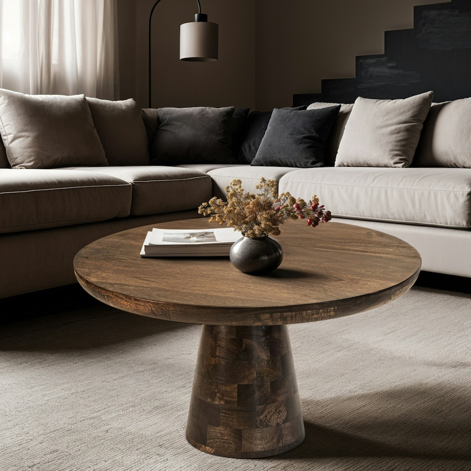 image 1 of Monco Dark Mango Wood Round Coffee Table Brown