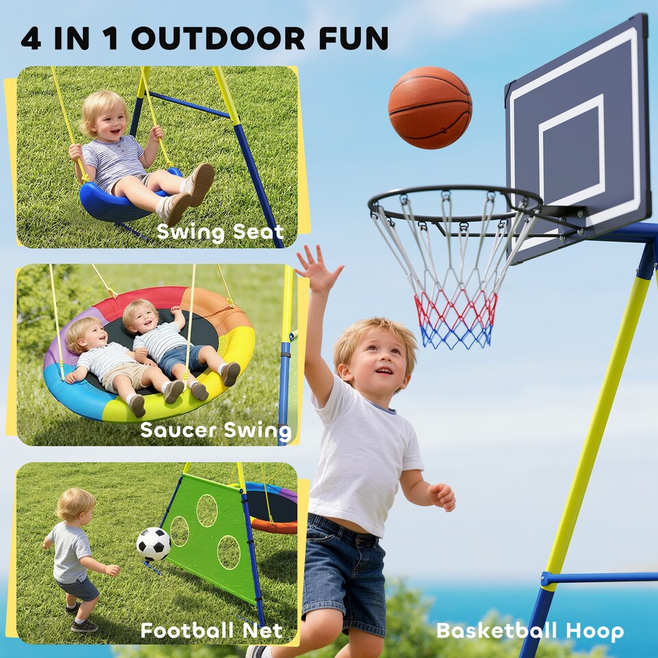 image 1 of AIYAPLAY 4-in-1 Kids Swing Set with Swing, Basketball Hoop, Football Goal