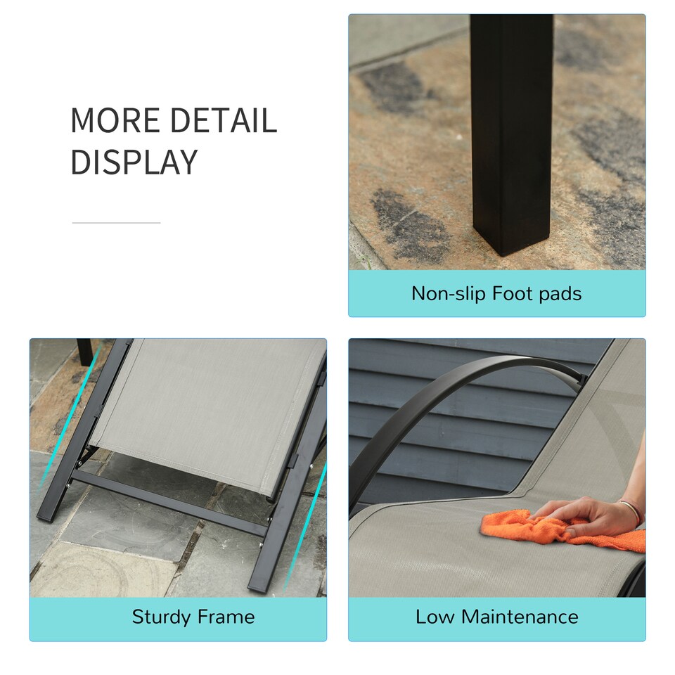 image 1 of Outsunny 3 Pieces Sun Lounger Chair Set, Metal Frame Outdoor Garden Recliner Chairs with Glass Top Side Table and Armrests for Patio, Grey