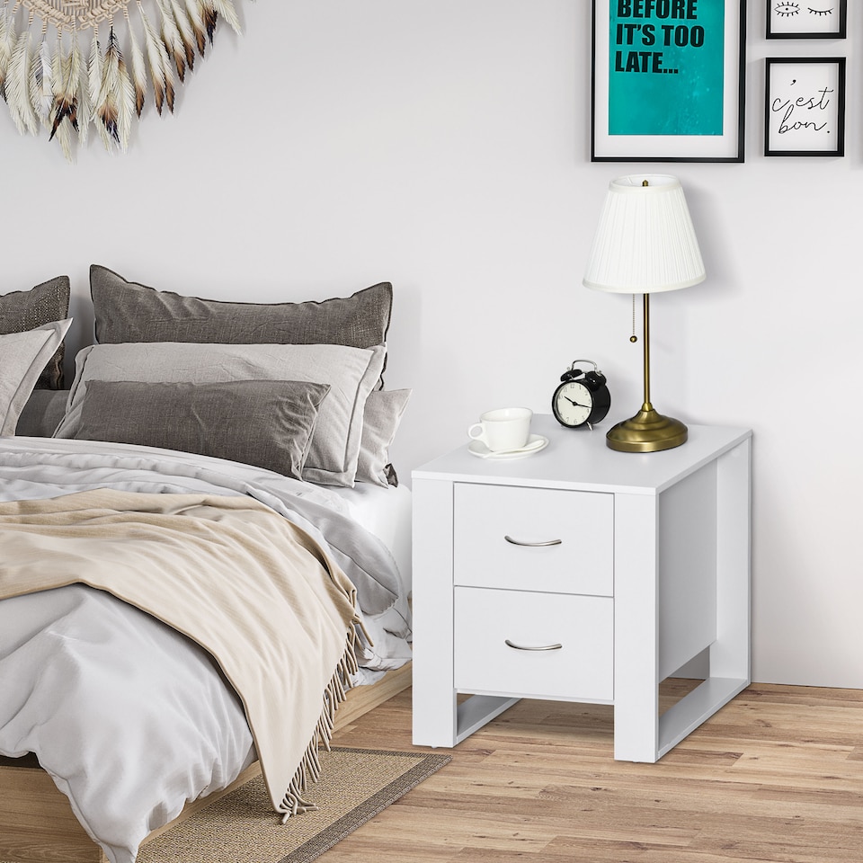 image 1 of HOMCOM Bedside Table with 2 Drawers, Nightstand with Handles and Elevated Base, Side Table for Bedroom, Living Room, White