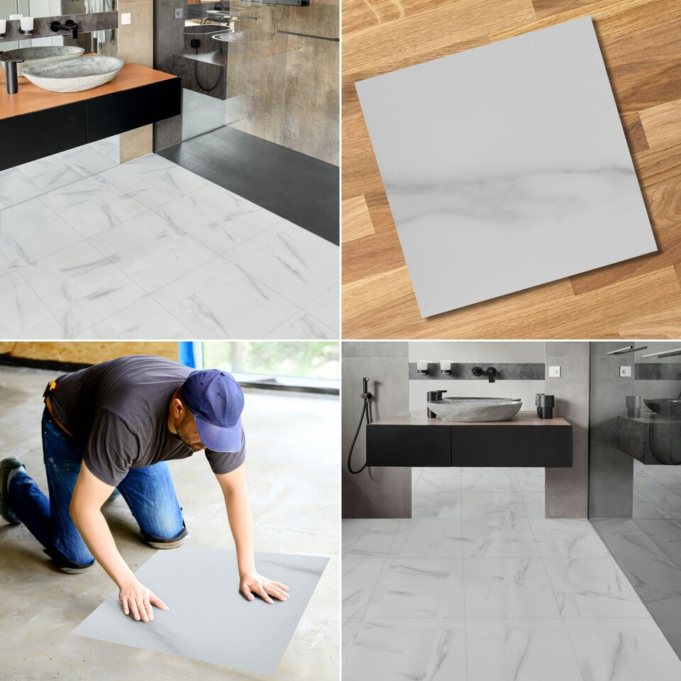 image 1 of NOVECRAFTO Vinyl Floor Tiles Self Adhesive – 18x18in Peel and Stick Waterproof Square Flooring for Kitchen, Bathroom & More – White Marble Design White | 4.17 sqm