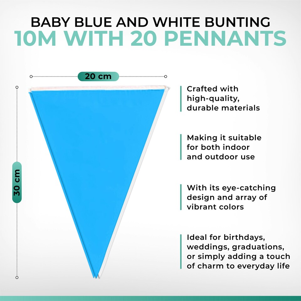 image 1 of White Baby Blue Alternate Party Bunting 10m with 20 Pennants
