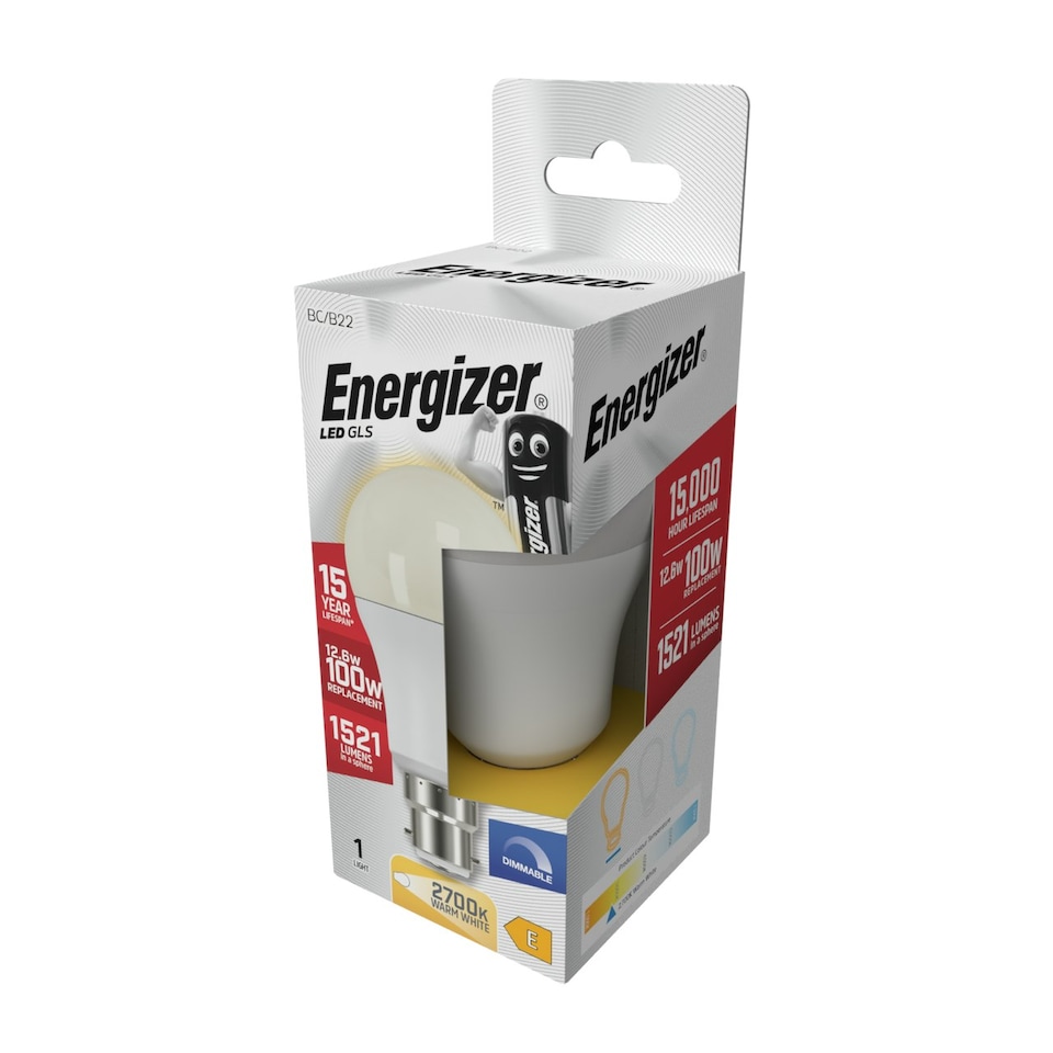 image 1 of Energizer LED GLS B22 1521lm 12.6W 2700K (Warm White) Dimmable Light Bulb - Pack of 1
