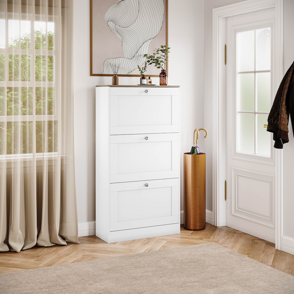 image 1 of Vida Designs 3 Drawer Shoe Cabinet Hallway Home Entrance Storage Unit, White & Oak