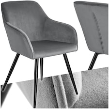 Dining Chair Marilyn - with armrests, padded, velvet look, black steel legs - per piece Grey | Grey/Black