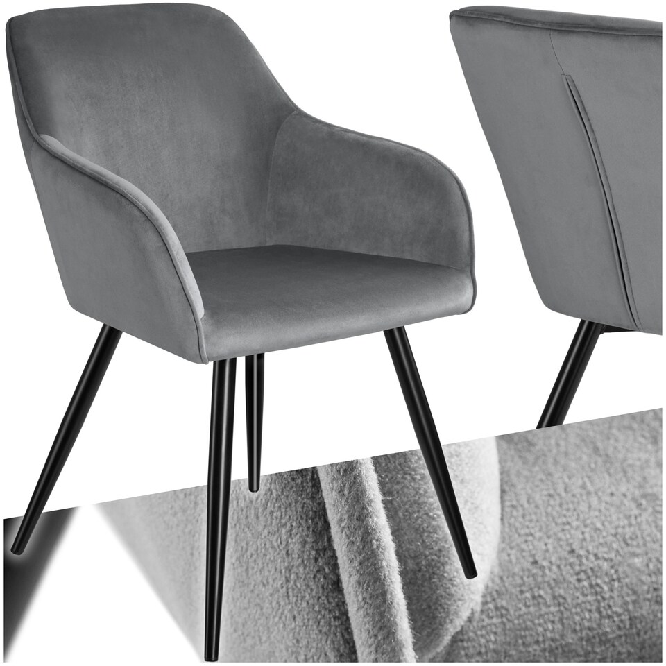 image 1 of Dining Chair Marilyn - with armrests, padded, velvet look, black steel legs - per piece Grey | Grey/Black