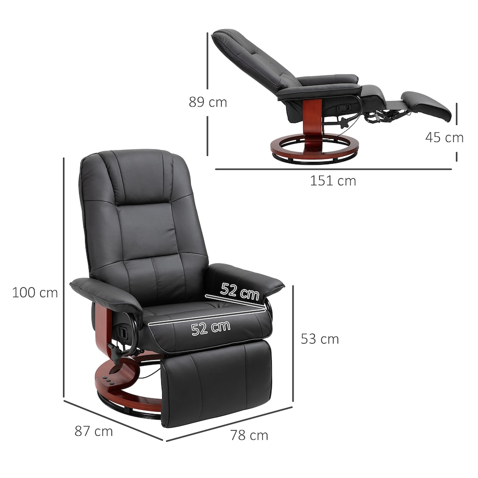 image 1 of HOMCOM 360 Swivel Recliner Chair with Footstool, Manual Recliner Armchair with Wooden Base, PU Leather Upholstered Reclining Chair for Living Room, Bedroom, Office, Black